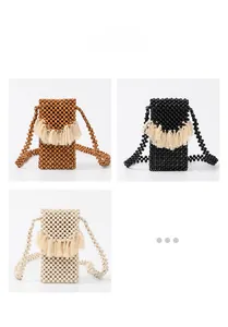 Detailed comparison of handmade beaded crossbody phone bags in brown, black, and white colors