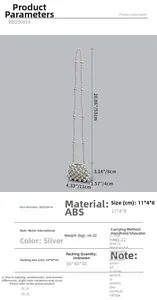 Detailed view of silver beaded mini bag with 11x4x8cm size specs and long shoulder strap