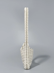 Elegant beaded shoulder bag with white imitation pearls and silver metallic beads