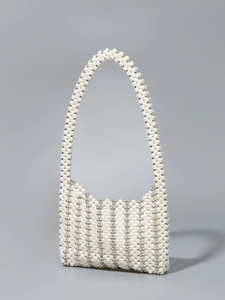 Elegant handmade beaded top handle bag with white pearls and silver metal beads