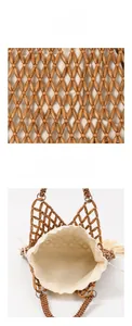 Detailed macro view of handcrafted wooden bead handbag with white drawstring inner pouch