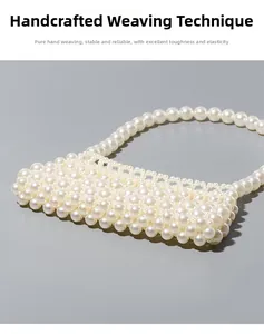 Close-up of handmade white pearl woven handbag with soft luster and hollow texture