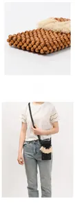 Detail of handcrafted beaded crossbody bag featuring wood beads and cream tassel accents