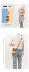 Detail view of handmade wooden beaded crossbody bag with white cotton tassel trim