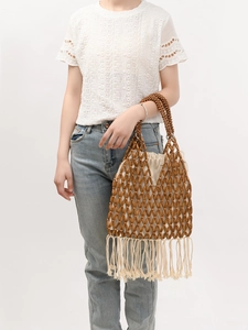 Bohemian wood bead woven tote bag with fringe tassels and drawstring canvas liner