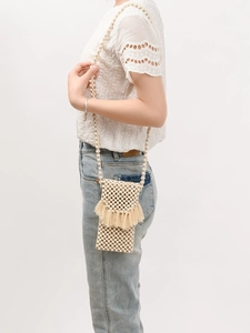 Borsa a Tracolla in Perle di Legno Intrecciate a Mano Con Nappina Borsa Portacellulare Perlinata Bohémien per Donna Mare