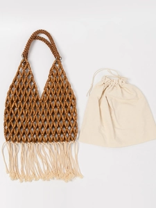Handwoven wooden bead tote bag with bohemian cotton fringe and drawstring canvas liner
