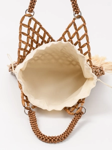 Handmade wooden bead woven handbag with drawstring lining for beach vacation