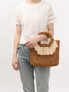 Borsa a Mano in Perle di Legno Artigianale per Donna Vacanze Boho Frange con Nappine Borsa da Spiaggia Intrecciata Borsa Etnica con Perline