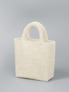 Elegant white handmade pearl beaded tote bag with handles for formal party and beach wear