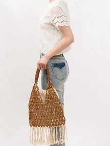 Handmade Wood Bead Woven Tote Bag Bohemian Fringe Tassel Handbag With Drawstring Canvas Inner Pouch Hollow Out Beach Bag Women
