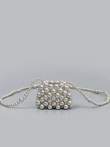 Elegant silver beaded mini crossbody bag with glossy metallic finish and thin shoulder strap