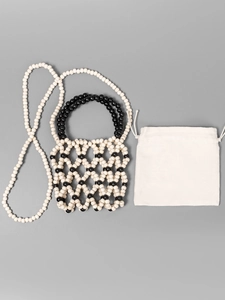Handgefertigte monochrome Perlen-Mini-Strandtasche mit Griffen und Umhängegurt