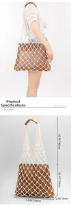 Detailed dimensions of the handmade white woven net bag with a brown leather insert