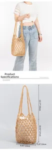 Detail of handmade cotton woven bucket bag featuring mesh hollow design and drawstring liner