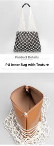 Detail view of woven mesh beach bag featuring a PU leather inner pouch with zipper closure