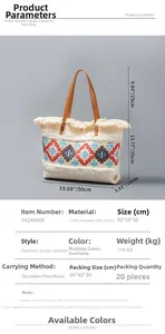 Detailed view of bohemian canvas tote bag with ethnic pattern tassels and leather handles