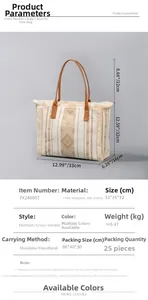 Detailed view of canvas tote bag with woven geometric patterns and fringe edges