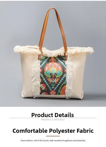 Detail view of ethnic canvas tote bag with colorful tapestry and fringe tassels