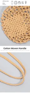 Detail of woven cotton rope handles and hollow mesh texture on a summer beach bucket bag