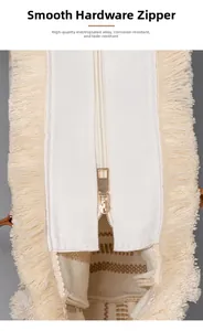 Detail of bohemian canvas bag featuring premium electroplated alloy zipper and fringe trim