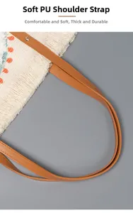 Detail of soft brown PU leather shoulder strap and colorful embroidered canvas with tassels