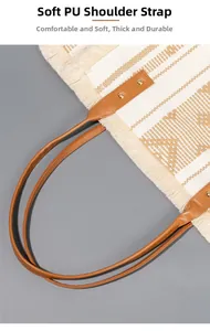 Detail of soft PU leather shoulder strap with golden metal rivets on woven tote bag