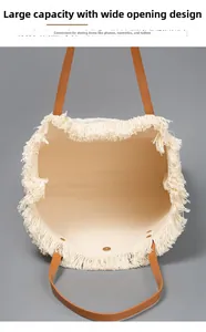 Macro detail of the spacious interior with tassels and magnetic metal closure