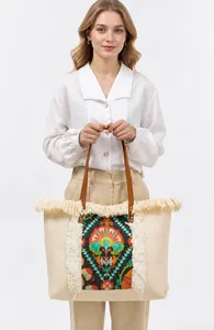 Close-up of bohemian canvas tote with long fringe trim and geometric pattern