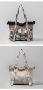 Detail of woven tote bags with geometric patterns, fringe trim, and fabric straps
