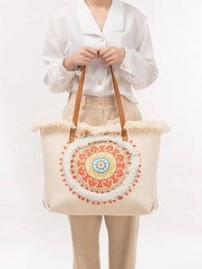 Women Bohemian Ethnic Tassel Tote Bag Large Capacity Mandala Printed Woven Beach Handbag With PU Leather Handles