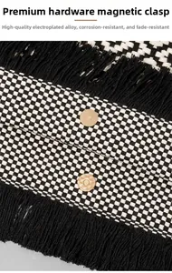 Detailed macro of golden magnetic snap closure on checkerboard tote with tassels