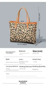 Detailed view of leopard print tote bag with 45x10x35cm dimensions and shoulder strap