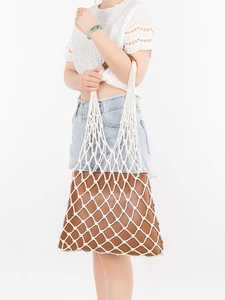 Bohemian Handmade Woven Mesh Shoulder Bag Cotton PU Leather Contrast Color Hollow Out Beach Vacation Tote Bag For Women