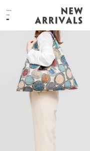 Close-up of canvas bag showing large capacity and colorful spiral circular patterns