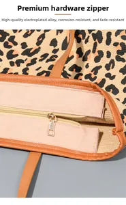 Close-up of premium alloy zipper and leopard print canvas on a tote bag detail