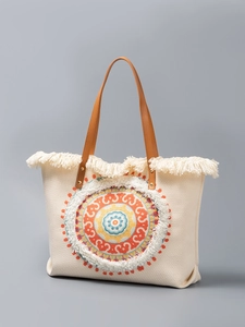 Boho canvas tote bag with colorful mandala embroidery, fringe details and leather handles