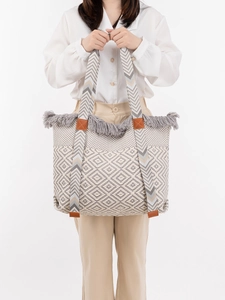 Large Capacity Bohemian Woven Tote Bag For Women With Tassels Geometric Diamond Pattern Polyester Cotton Shoulder Bag Casual Handbag
