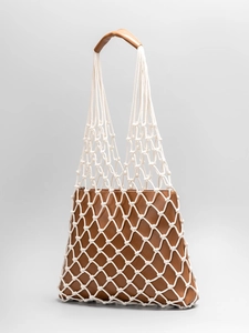 Handmade woven cotton rope mesh shoulder bag with brown inner pouch for beach holidays