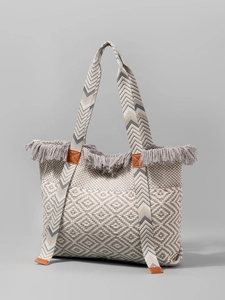 Bohemian large capacity woven tote bag with fringe details and geometric pattern straps