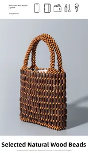 Detail view of handmade wooden bead bag interior holding phone and daily essentials