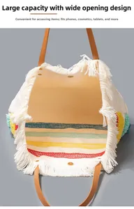 Interno dettagliato della borsa tote in tela boho con grande capacità e chiusura magnetica