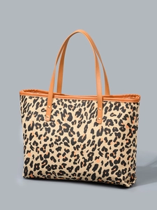 Large leopard print canvas tote bag with brown faux leather handles for women