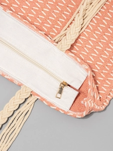 Sac cabas en toile tissée rose avec anse en corde blanc cassé et zip doré brillant