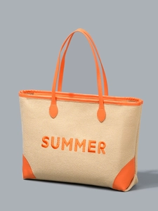 Borsa tote estiva in tela beige con manici arancioni e ricamo testuale summer