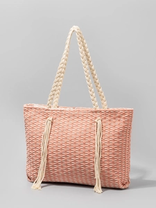 Sac fourre-tout bohème rose avec motifs géométriques et anses en corde crème