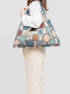 Large capacity canvas tote bag with multi-color jacquard pattern and geometric triangle design
