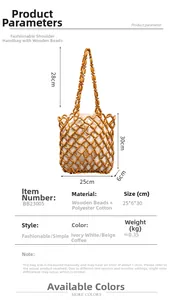 Detailed size chart of handmade wood bead handbag with inner lining and handle measurements