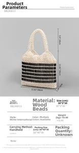 Dettaglio della borsa in perline di legno intrecciate con strisce bianche e nere e misure