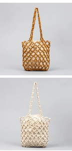 Detail of handmade wooden bead woven bag with mesh structure and drawstring inner pouch